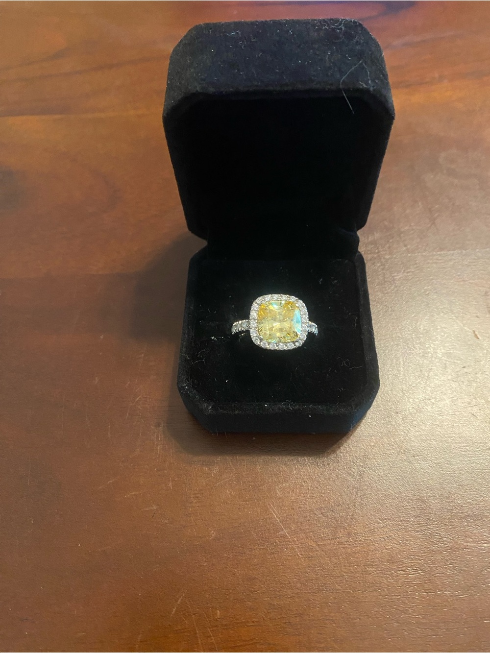 Sterling Yellow CZ Cushion Halo Ring with Pavé Band